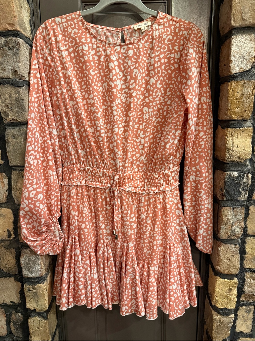 Main Strip Coral Pink Leopard-Print Tie-Waist Long Sleeve Dress